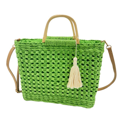 RATTAN BEACH TOTE SHOULDER BAG WITH TASSEL 4225-2 (1PC)