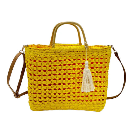 RATTAN BEACH TOTE SHOULDER BAG WITH TASSEL 4225-2 (1PC)