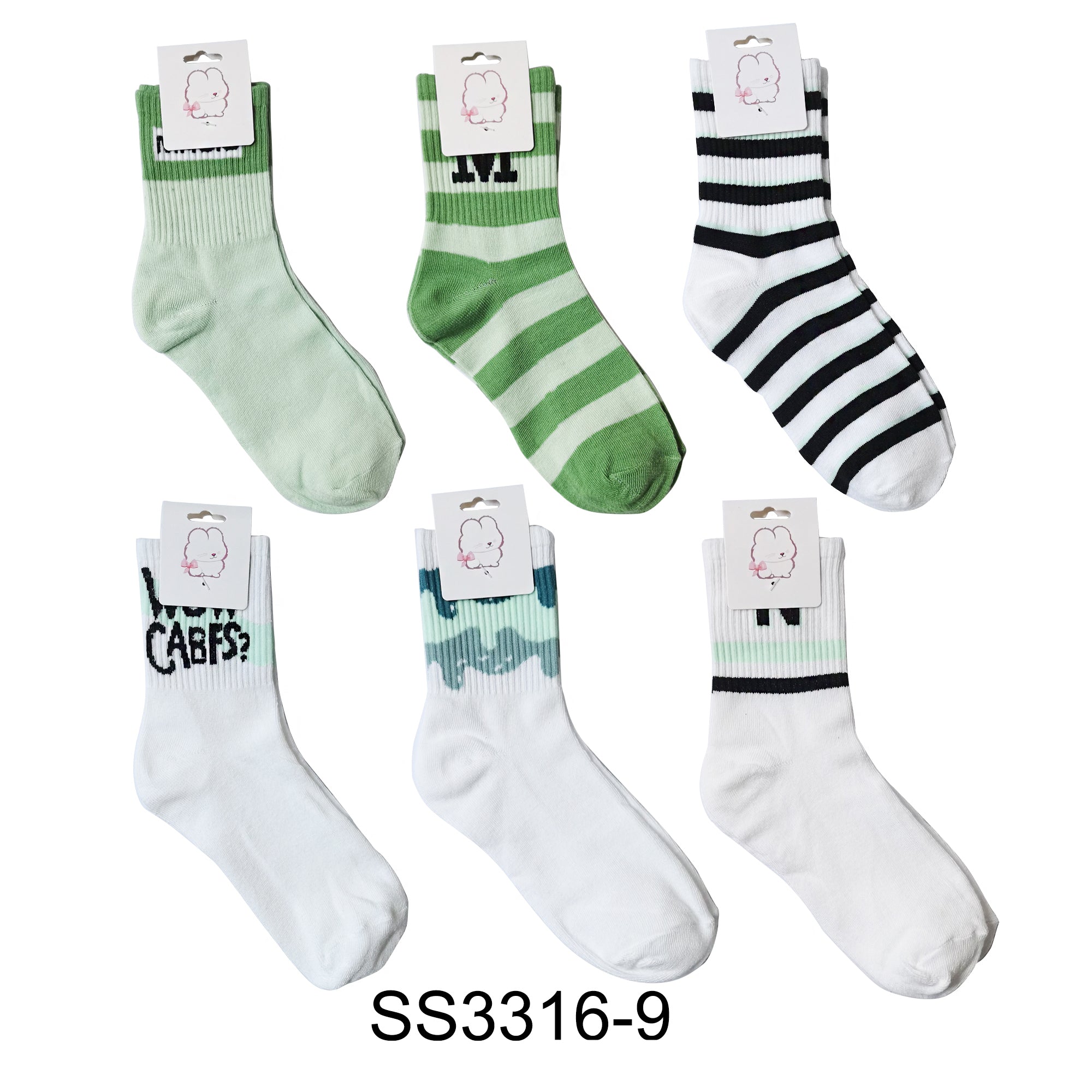CUTE GREEN PATTERN SOCKS 3316-9 (12PC)