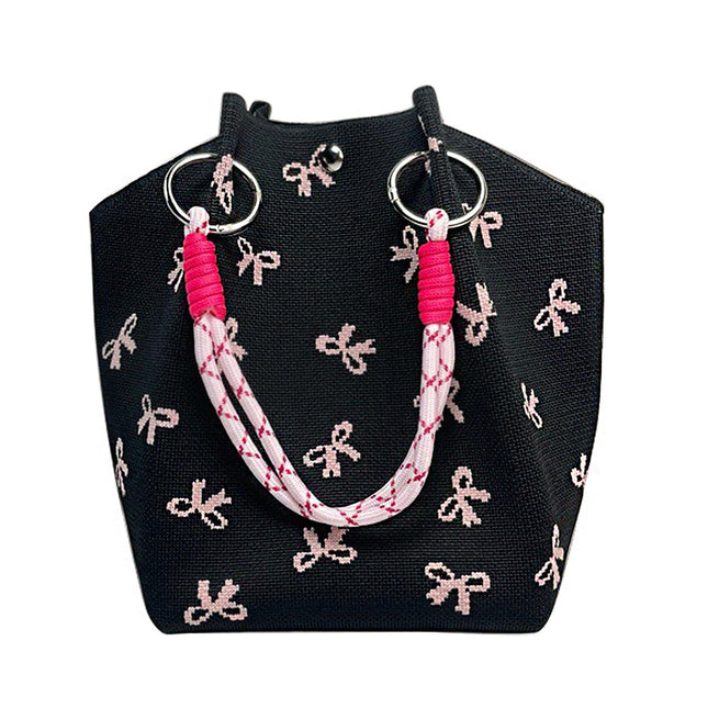 Pink Ribbon Pattern Cord Strap Knitted Tote Bag BG6313-4 (3PC)