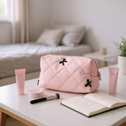 Ribbon Printing Quilted Fabric Makeup Pouch JB5526-3 (12PC)