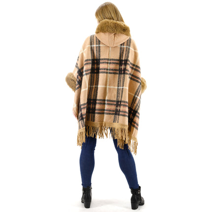 Faux Fur Plaid Pattern Hoodie Shawl P3805 (1PC)