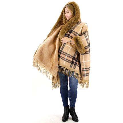 Faux Fur Plaid Pattern Hoodie Shawl P3805 (1PC)