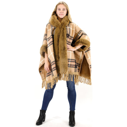 Faux Fur Plaid Pattern Hoodie Shawl P3805 (1PC)