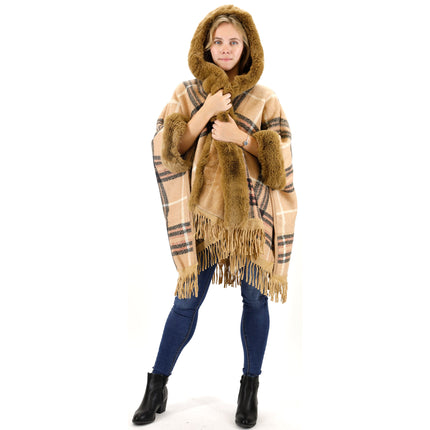 Faux Fur Plaid Pattern Hoodie Shawl P3805 (1PC)