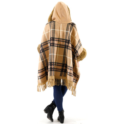 Faux Fur Plaid Pattern Hoodie Shawl P3805 (1PC)