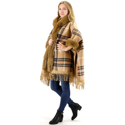 Faux Fur Plaid Pattern Hoodie Shawl P3805 (1PC)