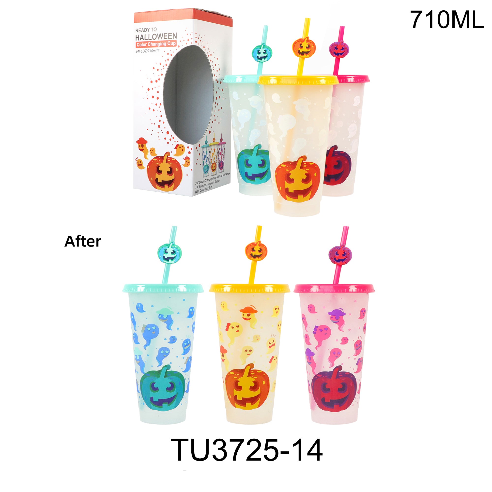 COLOR CHANGING HALLOWEEN PUMPKIN VENTI TUMBLER WITH STRAW 3725-14 (12PC)