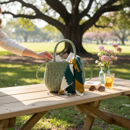 Rattan Beach Tote Shoulder Bag With Scarf BG4225-4 (1PC)