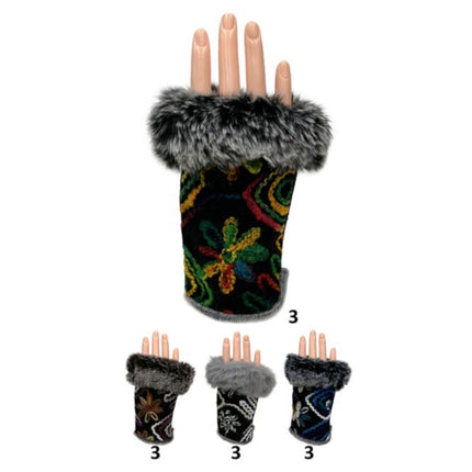 Women's Fingerless Faux Fur Flower Pattern Gloves GL187 (12PAIR)