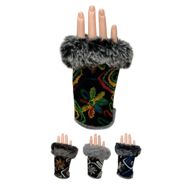 Women's Fingerless Faux Fur Flower Pattern Gloves GL187 (12PAIR)