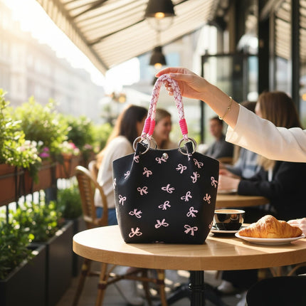 Pink Ribbon Pattern Cord Strap Knitted Tote Bag BG6313-4 (3PC)