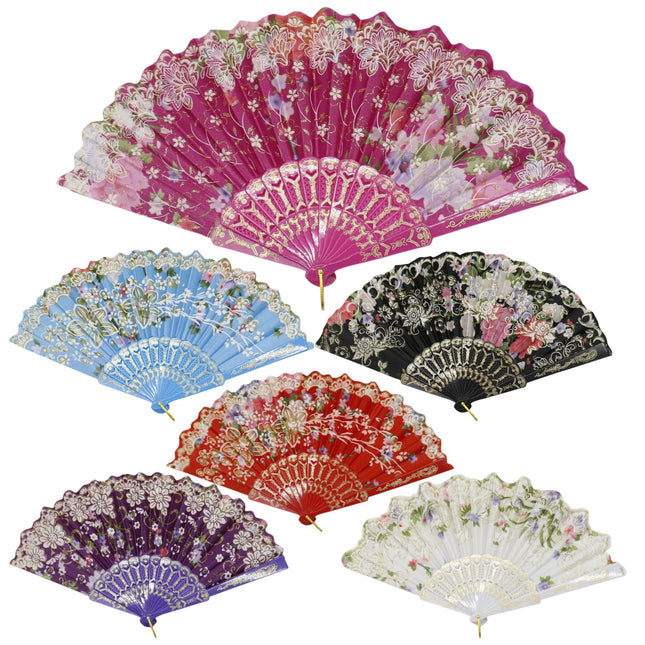 Gold Glitter Floral Colorful Hand Held Folding Fan JF6323-10 (12PC)