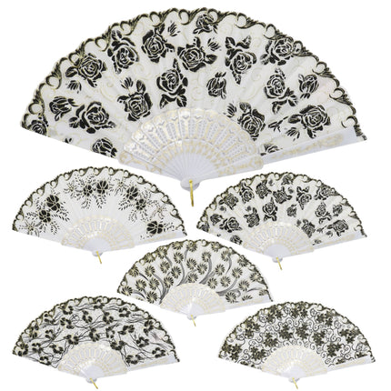 Black Floral Gold Glitter White Frame Hand Held Folding Fan JF6323-3 (12PC)