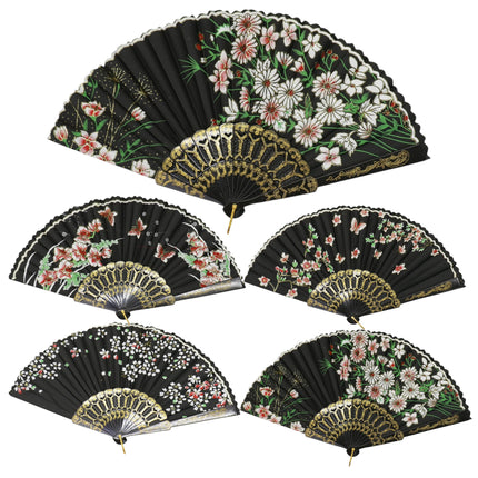 Butterfly Floral Black Frame Hand Held Folding Fan JF6423-14 (12PC)