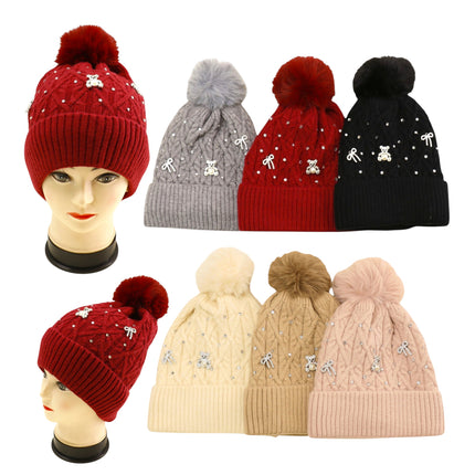 Pom Pom Knitted Beanie With Rhinestone H20-62 (12PC)
