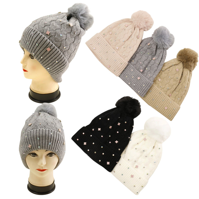 Pom Pom Knitted Beanie With Rhinestone H20-60 (12PC)