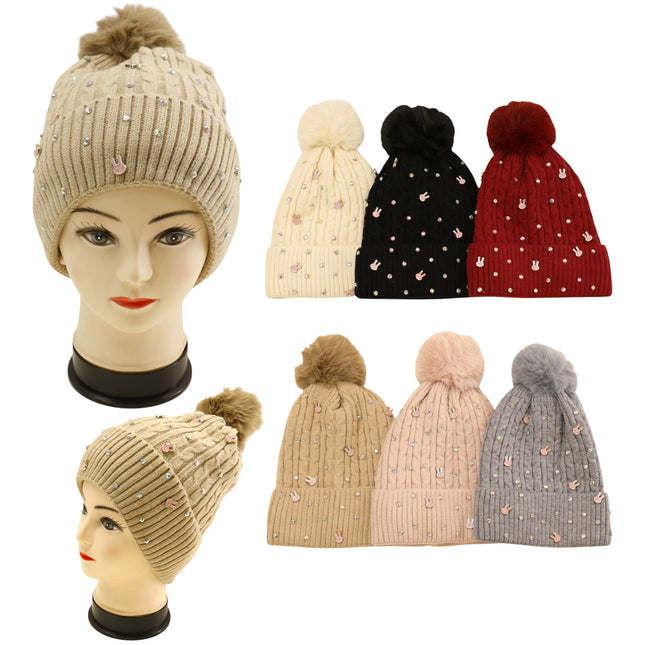 Pom Pom Knitted Beanie With Rhinestone H20-61 (12PC)