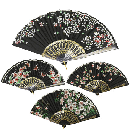 Butterfly Floral Black Frame Hand Held Folding Fan JF6423-14 (12PC)