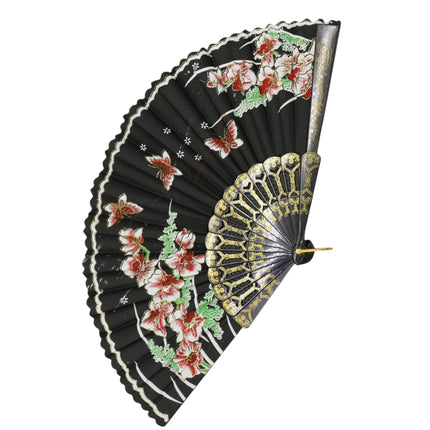 Butterfly Floral Black Frame Hand Held Folding Fan JF6423-14 (12PC)