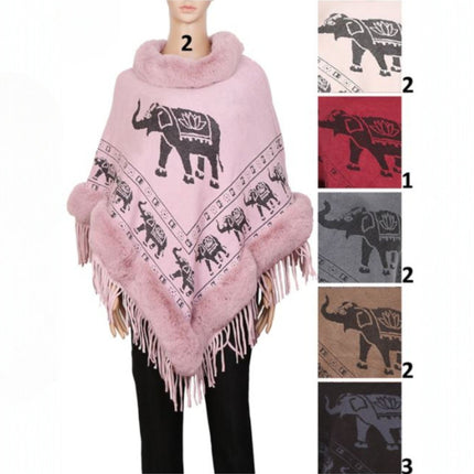 Elephant Pattern Fur Fringed Poncho P191 (12PC)