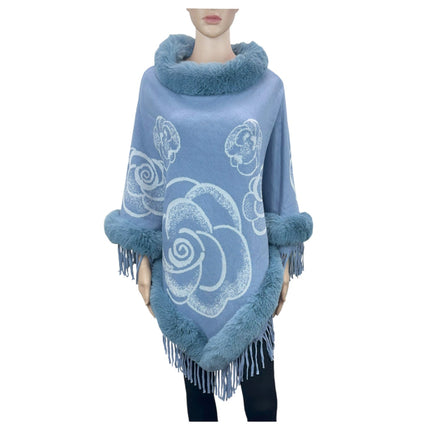 Rose Pattern Fur Fringed Poncho P4609 (12PC)