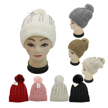 Pom Pom Rhinestone Decor Beanie H20-42 (12PC)