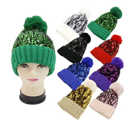 Pom Pom Sequin Beanie HA3715-1 (6PC)