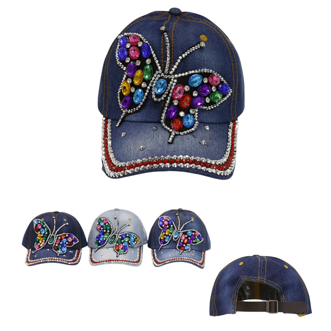 Women's Denim Rhinestone Rainbow Butterfly Cap HA6323-30 (12PC)