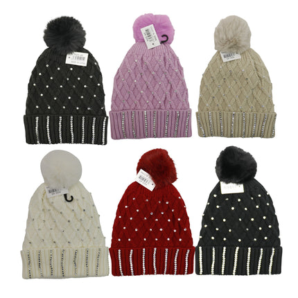 Pom Pom Rhinestone Decor Beanie H20-45 (12PC)