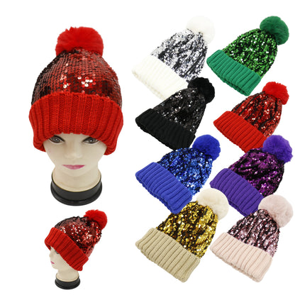 Pom Pom Sequin Beanie HA3715-1 (6PC)