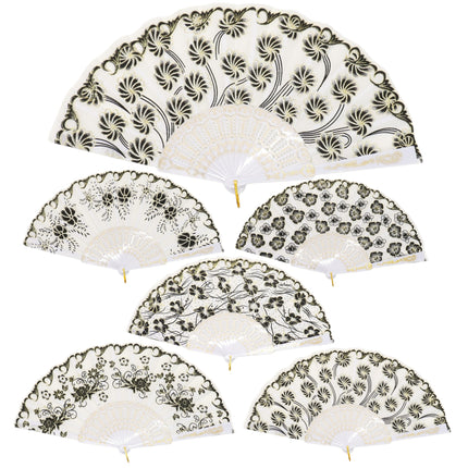 Black Floral Gold Glitter White Frame Hand Held Folding Fan JF6323-3 (12PC)