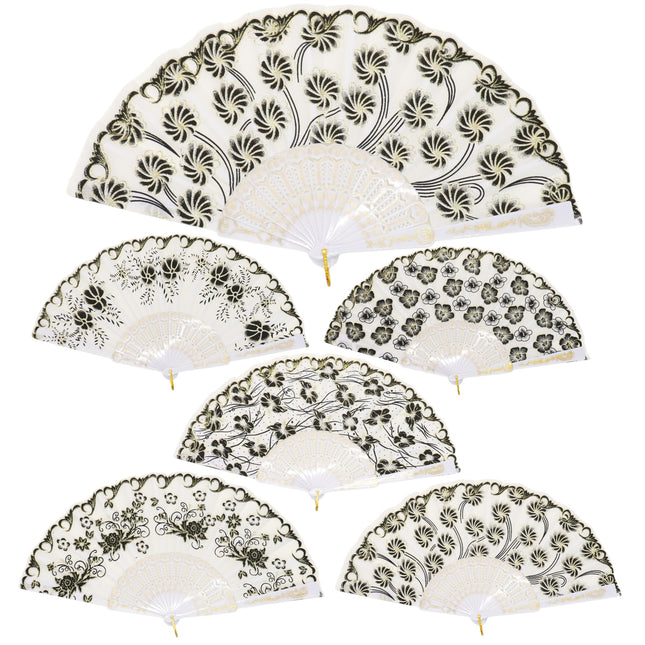 Black Floral Gold Glitter White Frame Hand Held Folding Fan JF6323-3 (12PC)