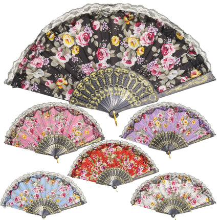 Rose Black Lace Trim Hand Held Folding Fan FN0439 (12PC)