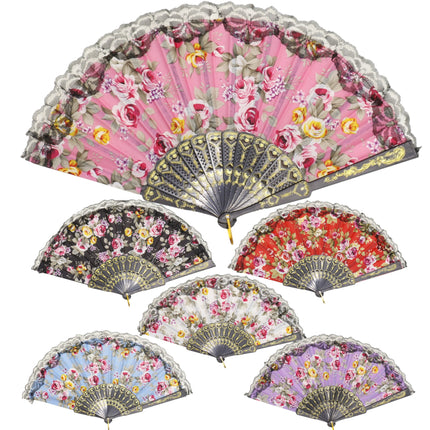 Rose Black Lace Trim Hand Held Folding Fan FN0439 (12PC)