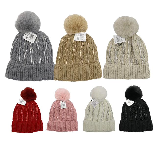 Pom Pom Rhinestone Decor Beanie H20-42 (12PC)