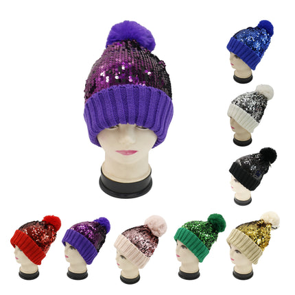 Pom Pom Sequin Beanie HA3715-1 (6PC)