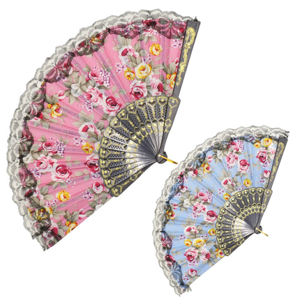 Rose Black Lace Trim Hand Held Folding Fan FN0439 (12PC)