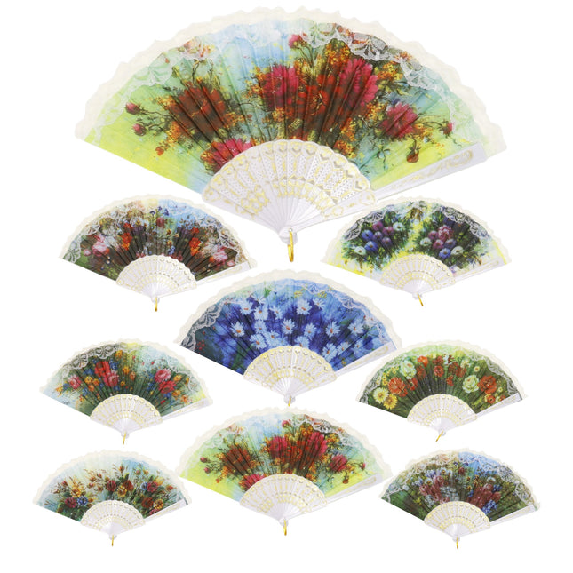 Floral Garden White Lace Trim Hand Held Folding Fan JF6323-13 (12PC)