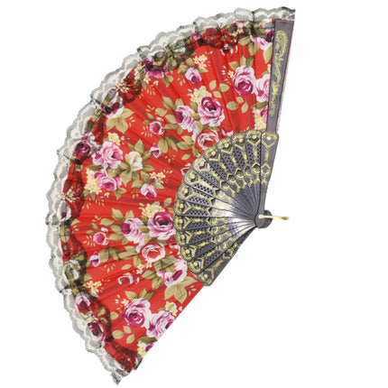 Rose Black Lace Trim Hand Held Folding Fan FN0439 (12PC)