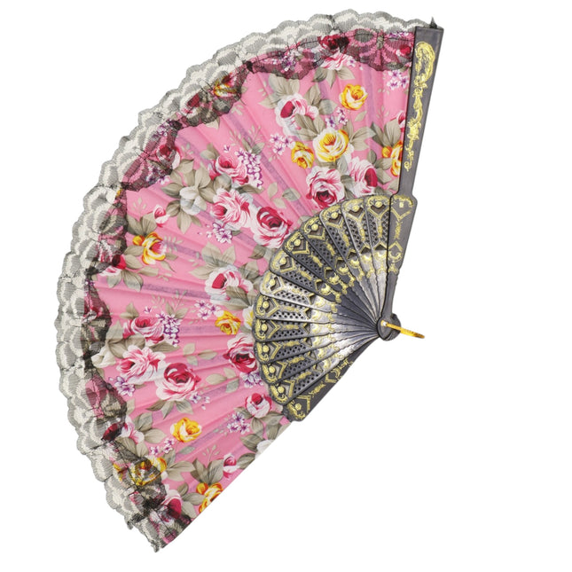 Rose Black Lace Trim Hand Held Folding Fan FN0439 (12PC)