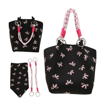 Pink Ribbon Pattern Cord Strap Knitted Tote Bag BG6313-4 (3PC)