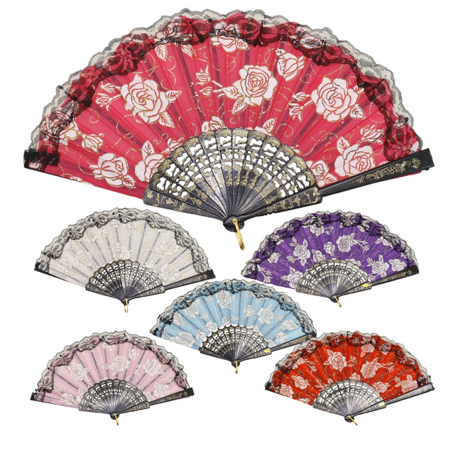 Rose Gold Glitter Lace Trim Hand Held Folding Fan FN4590A (12PC)