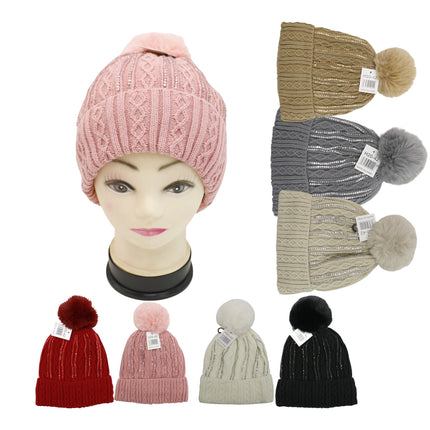 Pom Pom Rhinestone Decor Beanie H20-42 (12PC)