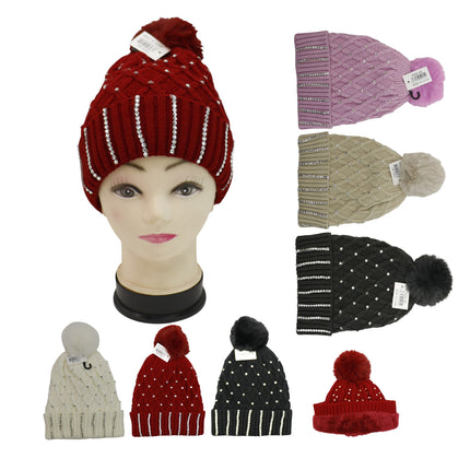Pom Pom Rhinestone Decor Beanie H20-45 (12PC)