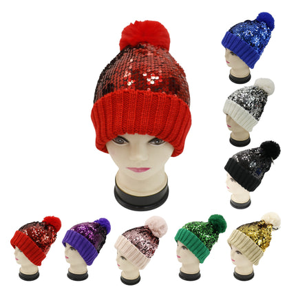 Pom Pom Sequin Beanie HA3715-1 (6PC)