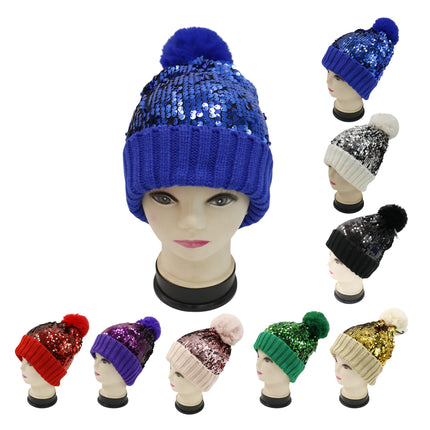 Pom Pom Sequin Beanie HA3715-1 (6PC)