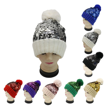 Pom Pom Sequin Beanie HA3715-1 (6PC)
