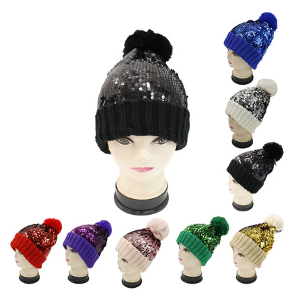 Pom Pom Sequin Beanie HA3715-1 (6PC)