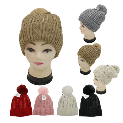 Pom Pom Rhinestone Decor Beanie H20-42 (12PC)